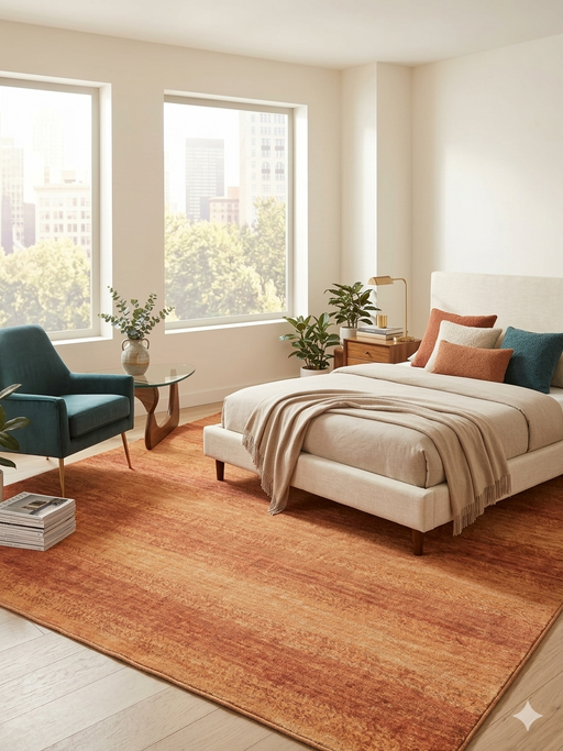 7' x 9' Rectangular Orange Terracotta Distressed Solid Modern Area Rug styled in a bedroom with soft neutral bedding and accent pillows.