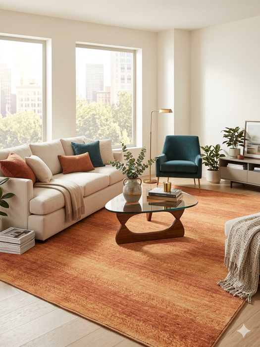 7' x 9' Rectangular Orange Terracotta Distressed Solid Modern Area Rug styled in a living room with a sofa, accent chair, and modern decor.