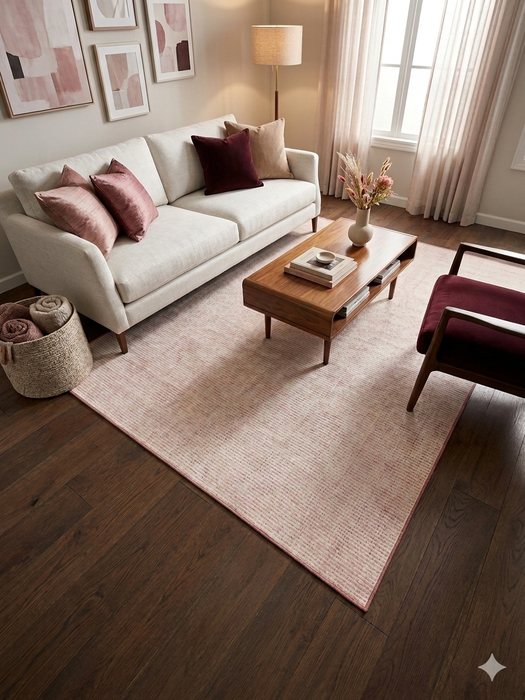 7' x 9' Rectangular Pink Ivory Solid Modern Area Rug displayed in a bedroom setting beneath a bed with coordinating pink décor.