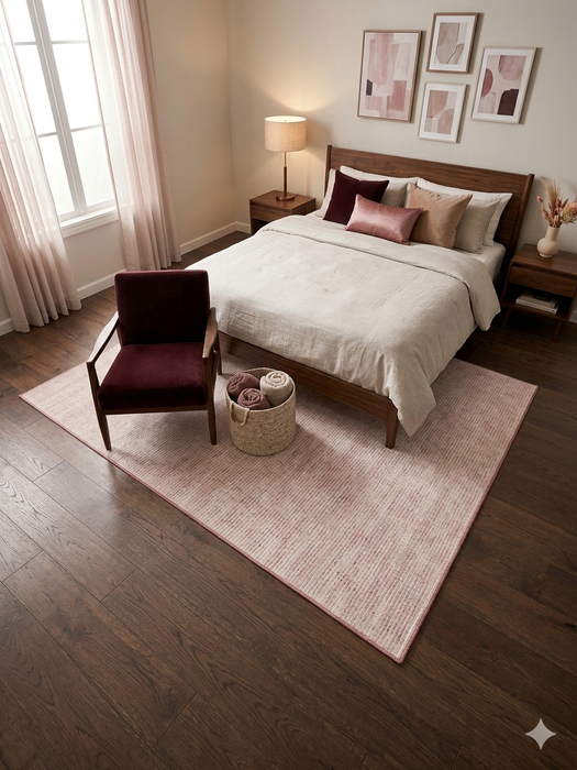 7' x 9' Rectangular Pink Ivory Solid Modern Area Rug styled in a soft pink home office with wooden desk and blush accent wall.