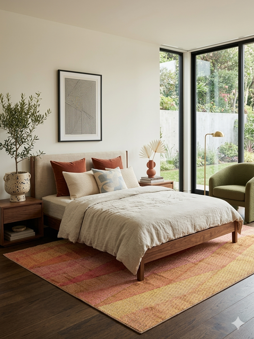 7' x 9' Rectangular Pink Orange Abstract Geometric Modern Area Rug styled in a bedroom with minimalist decor and natural light.