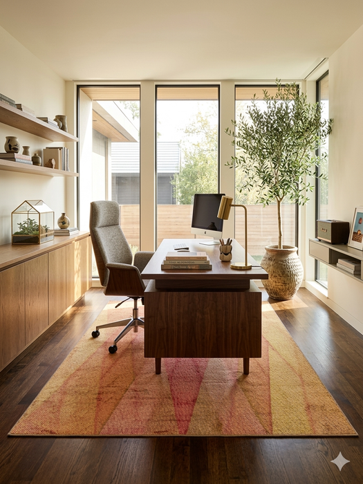 7' x 9' Rectangular Pink Orange Abstract Geometric Modern Area Rug styled in a home office with wood furniture and large windows.