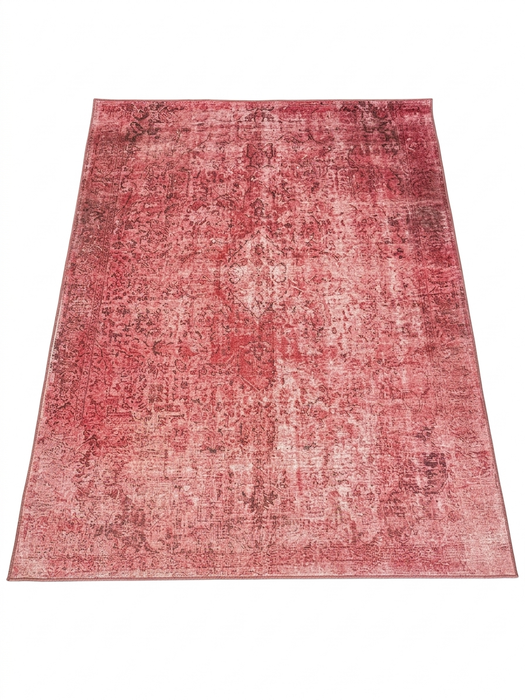 7' x 9' Rectangular Pink & Rose Distressed Oriental Vintage Area Rug isolated on a white background.