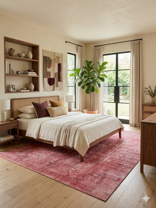 7' x 9' Rectangular Pink & Rose Distressed Oriental Vintage Area Rug styled in a bedroom with soft neutral bedding and accent pillows.