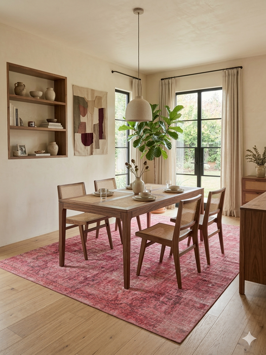 7' x 9' Rectangular Pink & Rose Distressed Oriental Vintage Area Rug styled in a dining room with warm wood furniture and neutral decor.