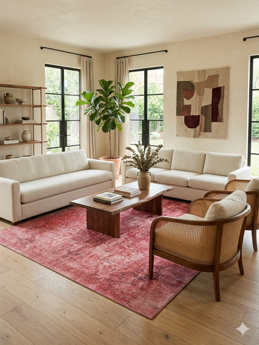 7' x 9' Rectangular Pink & Rose Distressed Oriental Vintage Area Rug styled in a living room with warm-toned decor and abstract wall art.