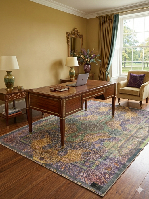 7' x 9' Rectangular Purple & Multicolor Medallion Distressed Traditional Area Rug placed in a refined home office with wooden desk and armchair.