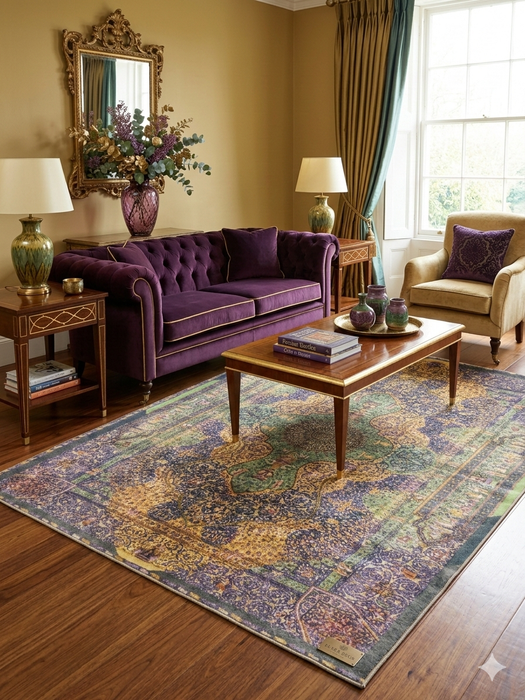 7' x 9' Rectangular Purple & Multicolor Medallion Distressed Traditional Area Rug styled in an elegant living room with sofa, armchair, and coffee table.