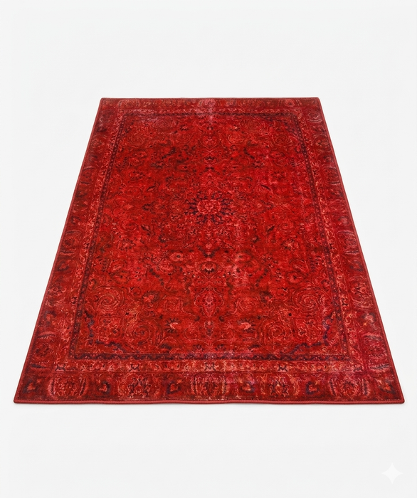 7' x 9' Rectangular Red & Black Distressed Floral Traditional Washable Area Rug isolated on a white background.