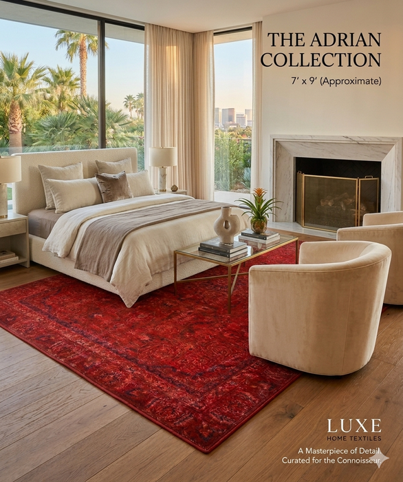 7' x 9' Rectangular Red & Black Distressed Floral Traditional Washable Area Rug styled in a bedroom with neutral bedding, soft lighting, and a modern fireplace setting.