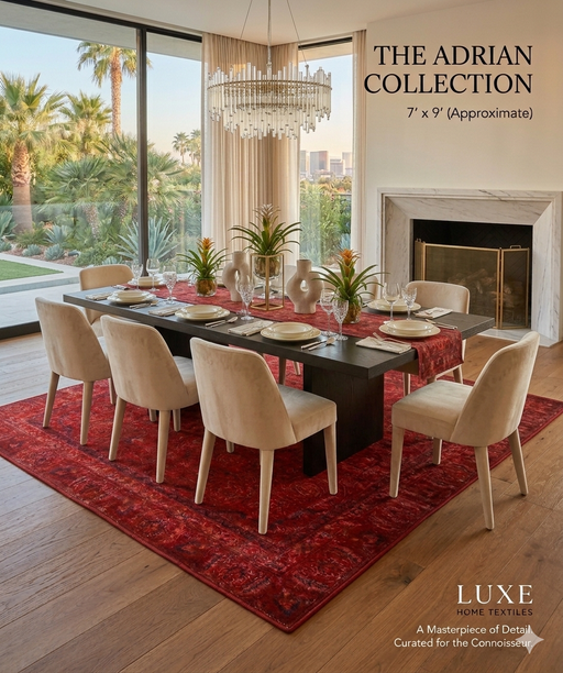 7' x 9' Rectangular Red & Black Distressed Floral Traditional Washable Area Rug styled in a dining room with a large table, upholstered chairs, and elegant decor.