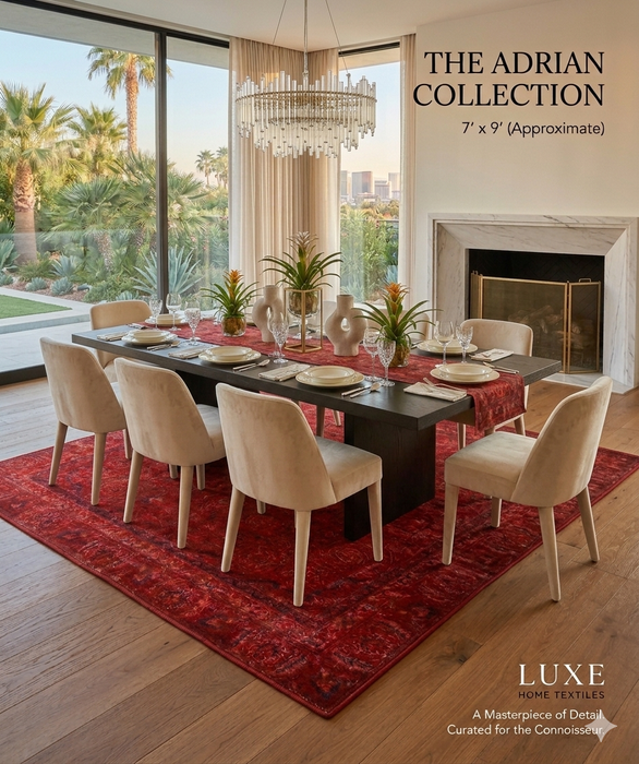 7' x 9' Rectangular Red & Black Distressed Floral Traditional Washable Area Rug styled in a dining room with a large table, upholstered chairs, and elegant decor.