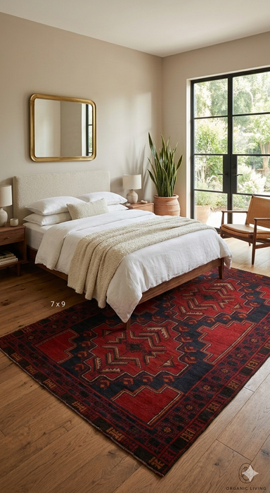 7' x 9' Rectangular Red & Black Tribal Geometric Traditional Area Rug placed in a bright contemporary bedroom with large window and wood floors.