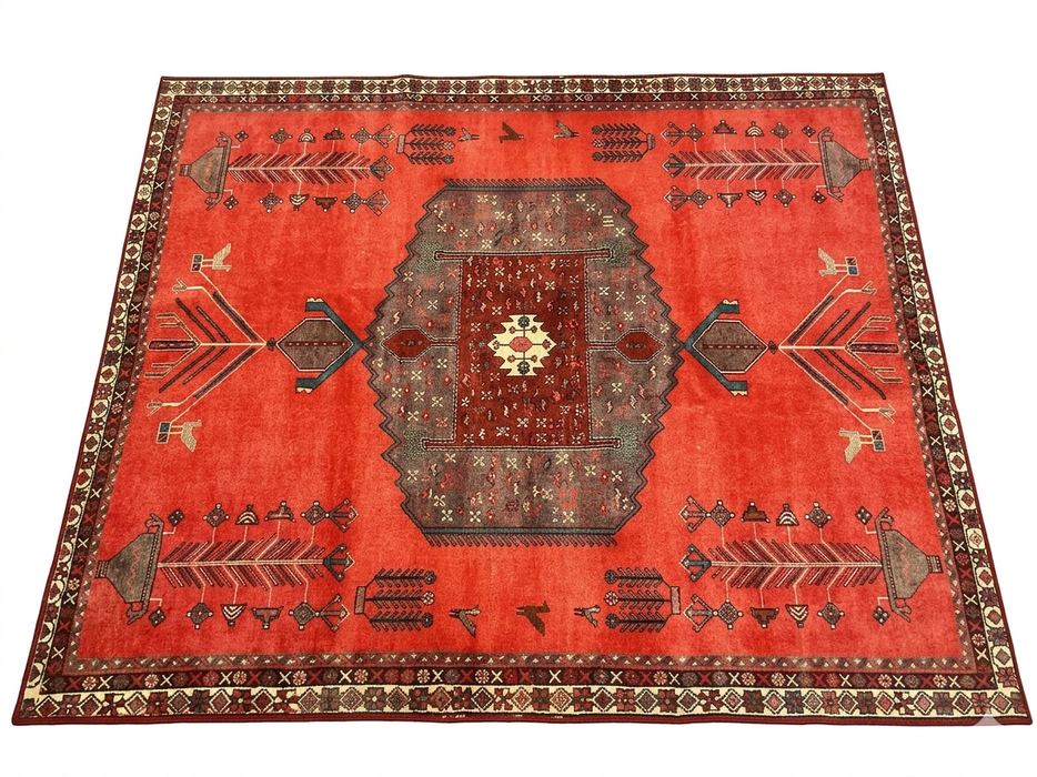 7' x 9' Rectangular Red Charcoal Tribal Geometric Southwestern Area Rug isolated on a white background.