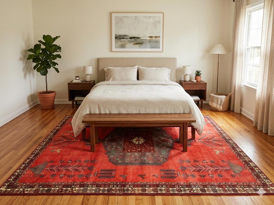 7' x 9' Rectangular Red & Charcoal Tribal Geometric Southwestern Area Rug placed beneath a bed in a minimalist bedroom.