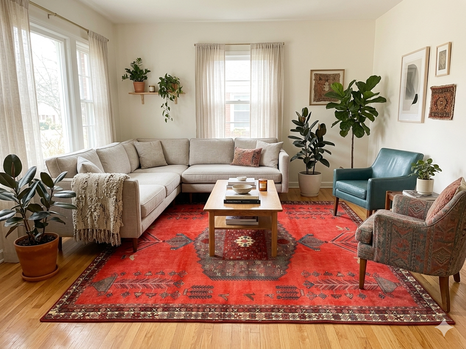 7' x 9' Rectangular Red & Charcoal Tribal Geometric Southwestern Area Rug styled in a bright living room.