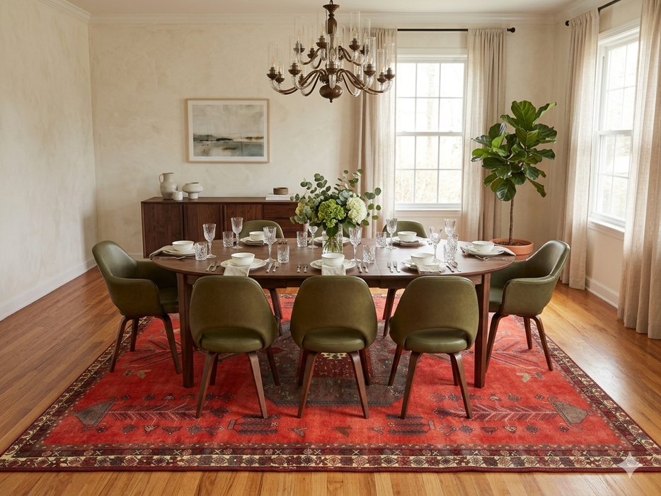 7' x 9' Rectangular Red & Charcoal Tribal Geometric Southwestern Area Rug styled under a dining table in an elegant dining room.