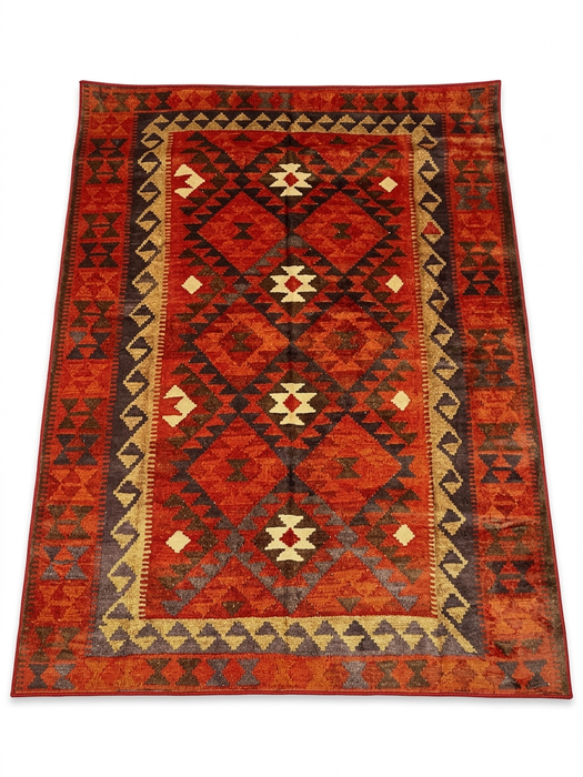 7' x 9' Rectangular Red Geometric Tribal Southwestern Area Rug isolated on a white background.
