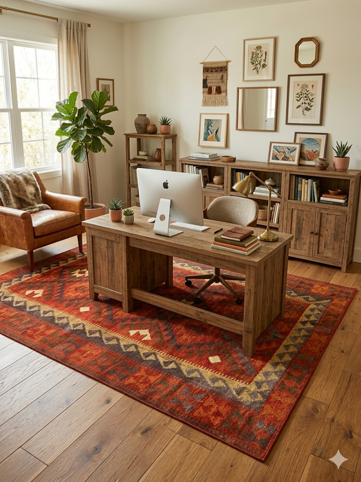 7' x 9' Rectangular Red Geometric Tribal Southwestern Area Rug styled in a home office with wood furniture and contemporary decor.