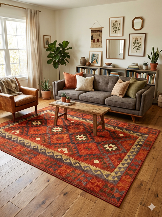 7' x 9' Rectangular Red Geometric Tribal Southwestern Area Rug styled in a living room with warm wood tones, neutral seating, and bohemian-inspired decor.