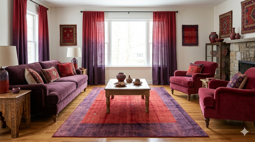 7' x 9' Rectangular Red & Purple Solid Border Contemporary Area Rug styled in a warm, eclectic living room.