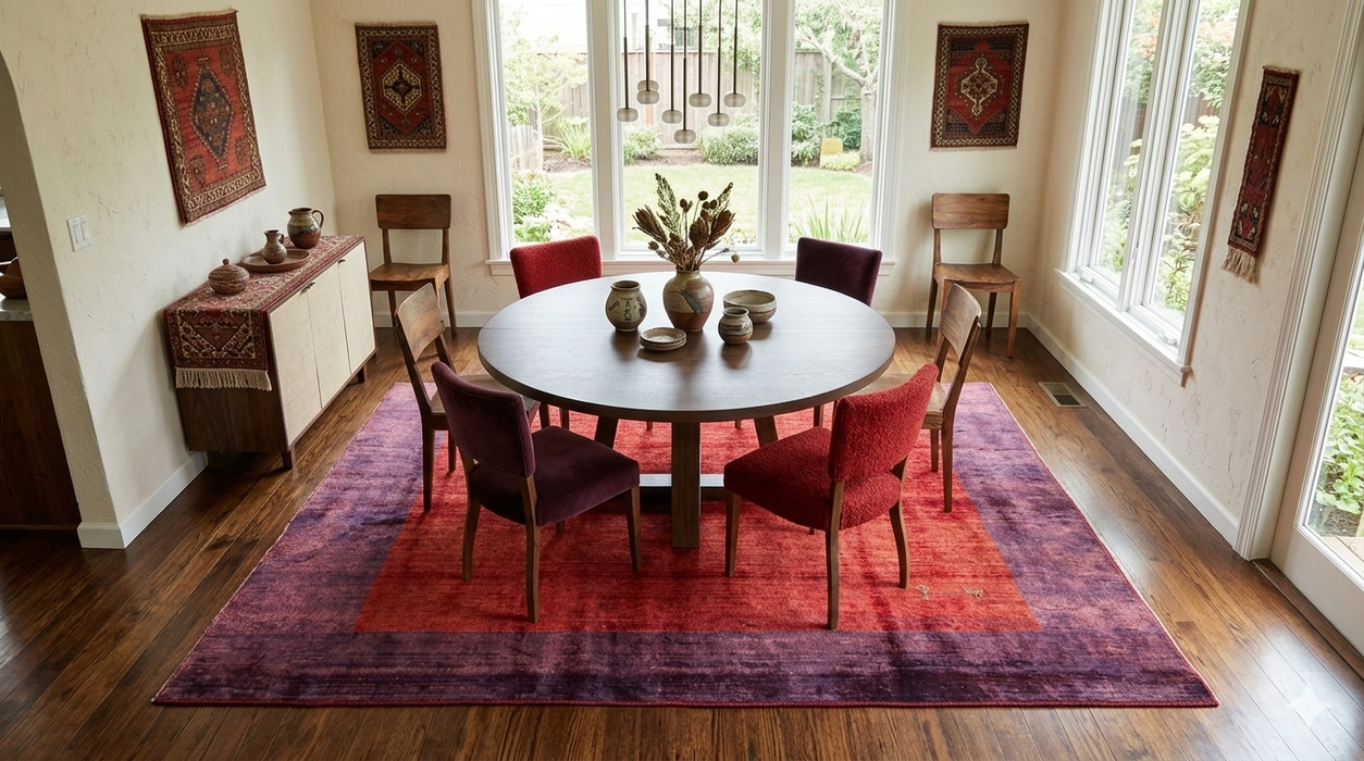 7' x 9' Rectangular Red & Purple Solid Border Contemporary Area Rug styled under a round dining table in a bright dining room.