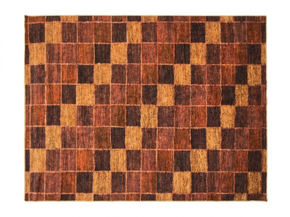 7' x 9' Rectangular Rust Gold Checkered Geometric Modern Washable Area Rug displayed on a white background, showcasing its bold rust and gold checkered geometric pattern.