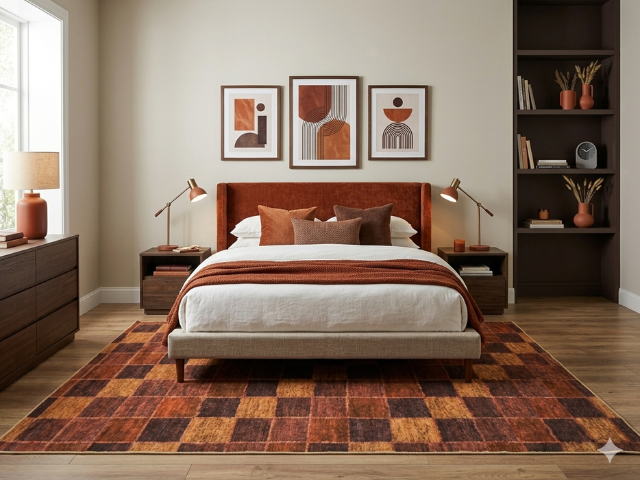 7' x 9' Rectangular Rust Gold Checkered Geometric Modern Washable Area Rug placed under a bed in a modern bedroom with rich rust accents and dark wood furniture.