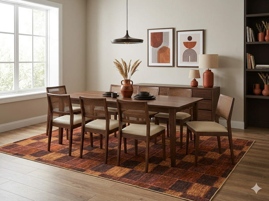 7' x 9' Rectangular Rust Gold Checkered Geometric Modern Washable Area Rug shown beneath a wooden dining table with woven-back chairs in a warm contemporary dining room.