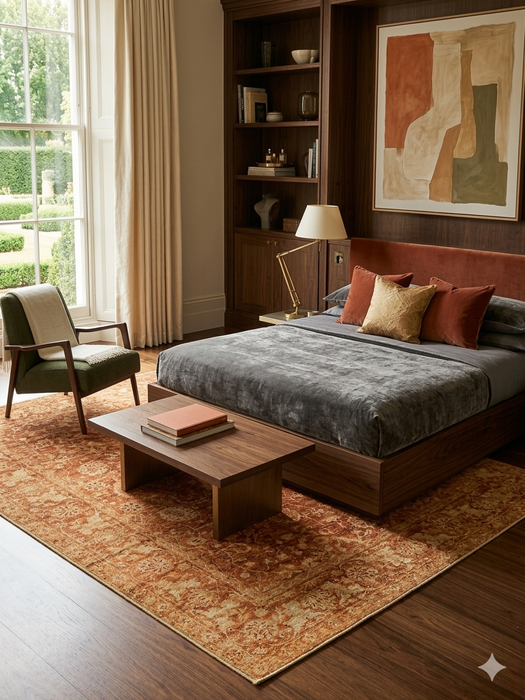 7' x 9' Rectangular Rust Gold Distressed Floral Medallion Vintage Traditional Area Rug styled in a bedroom with minimalist decor and natural light.