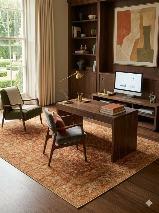 7' x 9' Rectangular Rust Gold Distressed Floral Medallion Vintage Traditional Area Rug styled in a home office with wood furniture and large windows.