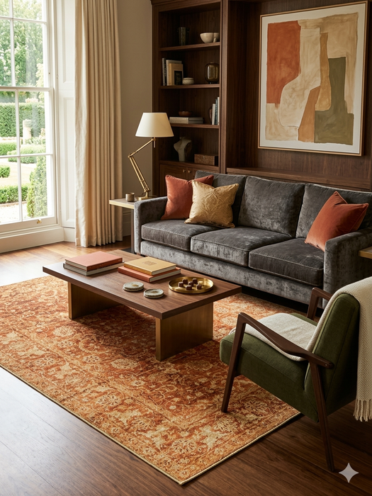 7' x 9' Rectangular Rust Gold Distressed Floral Medallion Vintage Traditional Area Rug styled in a living room with neutral seating and warm wood accents.