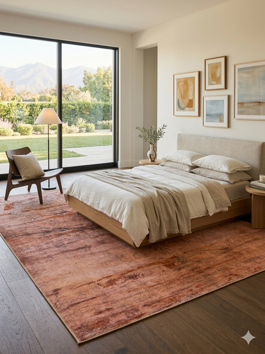 7' x 9' Rectangular Rust Terracotta Distressed Abstract Vintage Area Rug styled in a bedroom with neutral tones and natural light.
