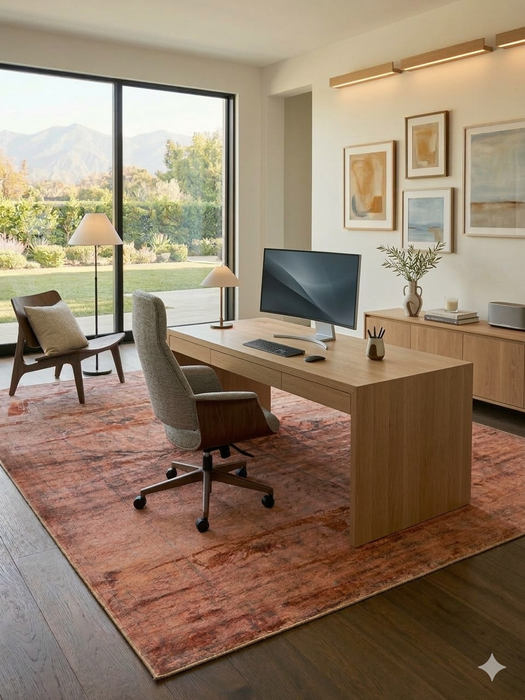 7' x 9' Rectangular Rust Terracotta Distressed Abstract Vintage Area Rug styled in a home office with modern wood furniture.