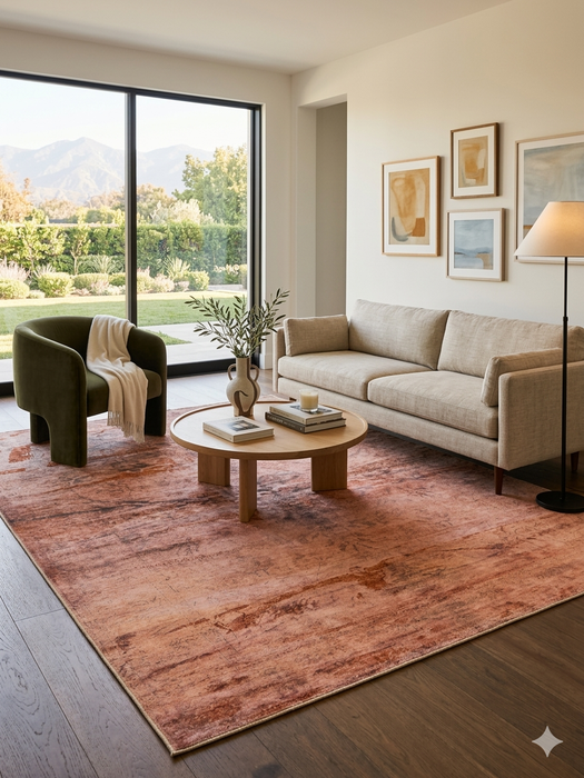 7' x 9' Rectangular Rust Terracotta Distressed Abstract Vintage Area Rug styled in a living room with neutral seating and warm accents.