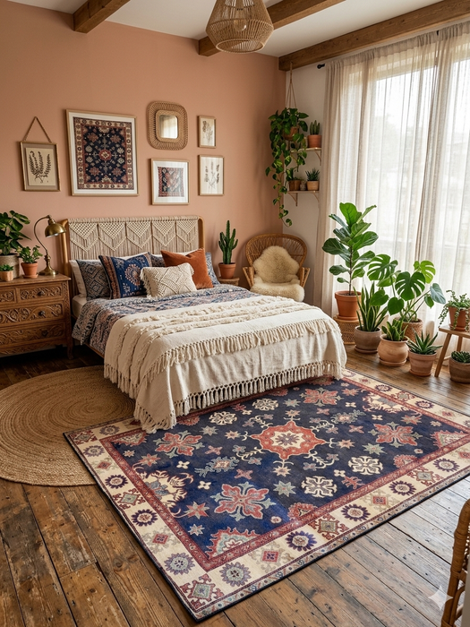 7' x 9' rectangular navy blue & red floral medallion traditional area rug styled in a cozy bedroom with layered textiles, natural decor, and soft daylight.