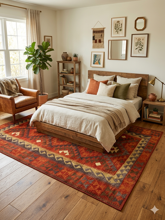 7' x 9' rectangular red geometric tribal southwestern area rug with bold diamond and zigzag patterns in deep red, rust, beige, and charcoal tones, bordered by repeating tribal motifs; shown styled in a cozy bedroom and home office with warm wood furniture and neutral decor.