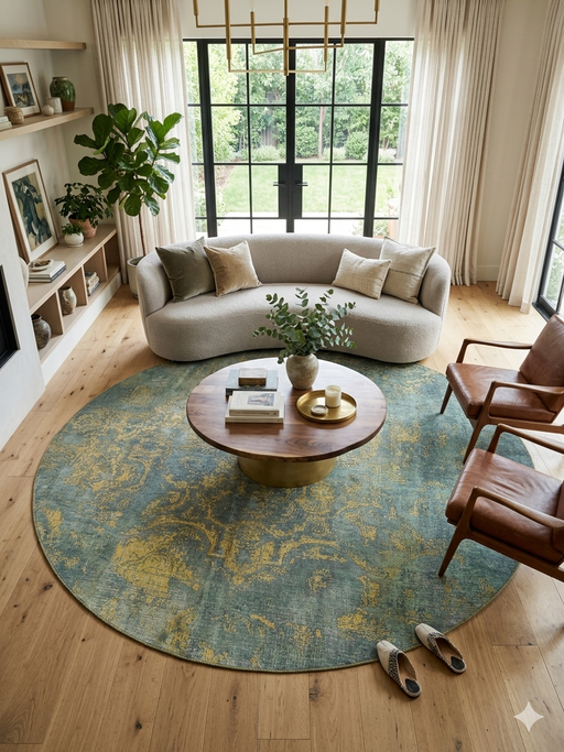 8' Round Blue & Gold Distressed Floral Traditional Washable Area Rug styled in a living room with a curved sofa, coffee table, and natural light from large windows.