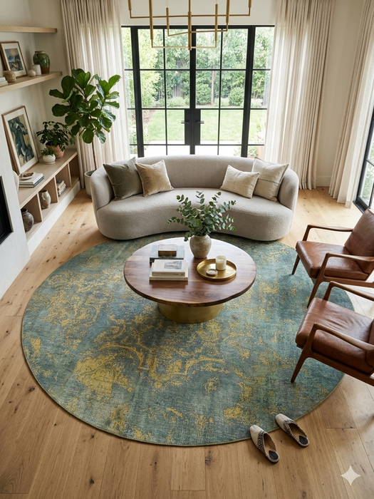 8' Round Blue & Gold Distressed Floral Traditional Washable Area Rug styled in a living room with a curved sofa, coffee table, and natural light from large windows.