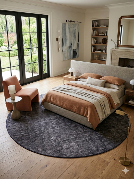 8' Round Charcoal Gray Textured Abstract Modern Washable Area Rug styled in a bedroom with a bed and accent chair.