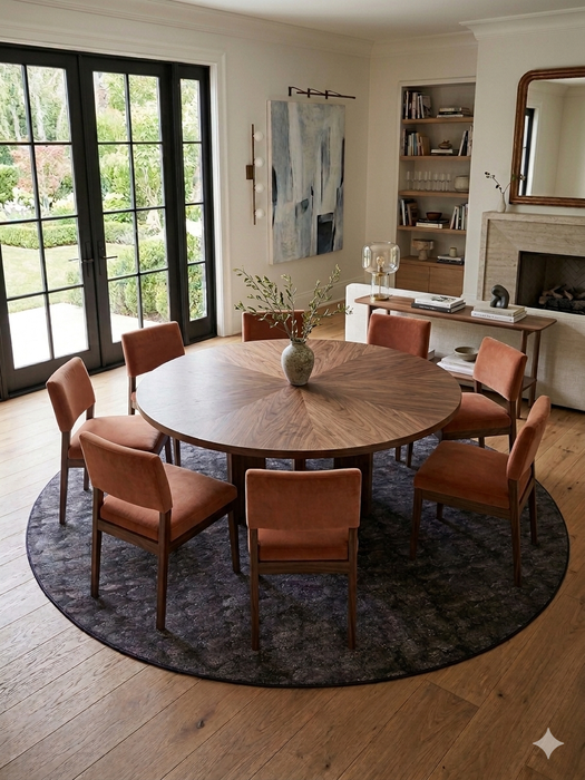 8' Round Charcoal Gray Textured Abstract Modern Washable Area Rug styled in a dining room with a round table and upholstered chairs.