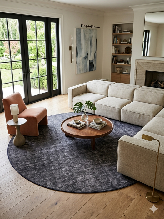 8' Round Charcoal Gray Textured Abstract Modern Washable Area Rug styled in a living room with a sectional sofa and coffee table.
