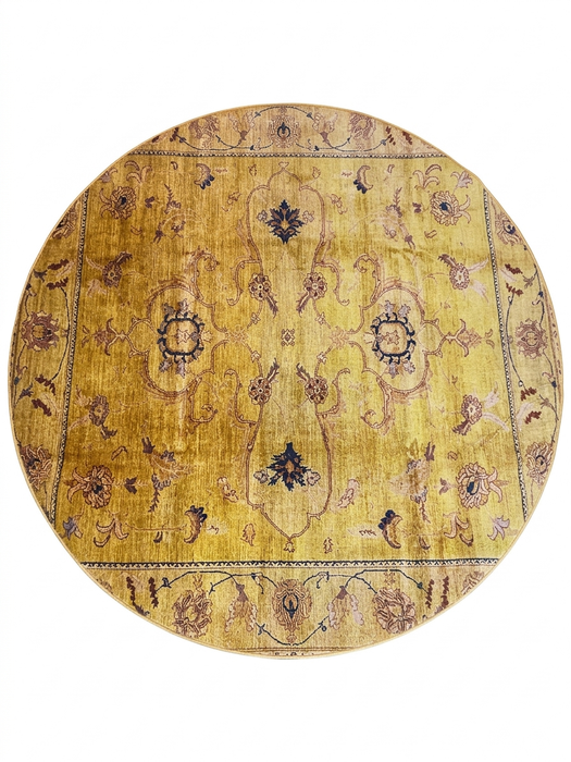 8' Round Gold Distressed Floral Medallion Vintage Traditional Area Rug isolated on a white background.