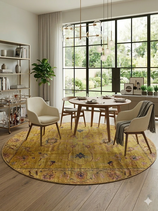 8' Round Gold Distressed Floral Medallion Vintage Traditional Area Rug styled in a dining room.