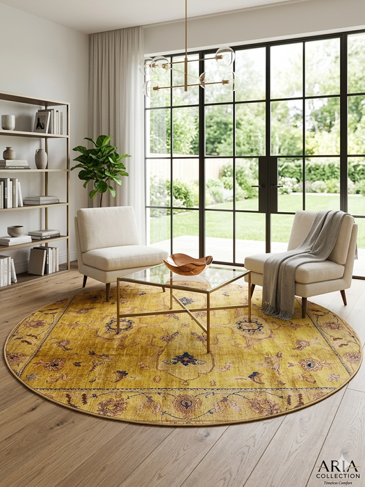 8' Round Gold Distressed Floral Medallion Vintage Traditional Area Rug styled in a living room.