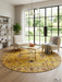 8' Round Gold Distressed Floral Medallion Vintage Traditional Area Rug styled in a living room.