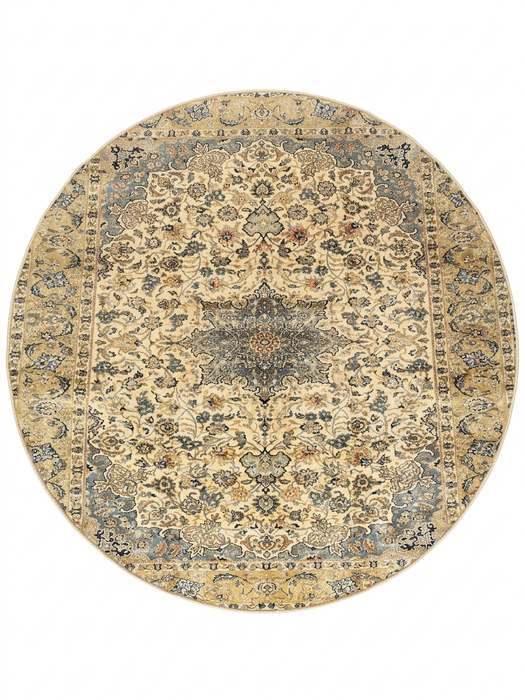 8' Round Ivory & Blue Floral Medallion Traditional Area Rug isolated on a white background.