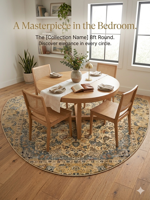 8' Round Ivory & Blue Floral Medallion Traditional Area Rug placed in a dining area with a round table, wood chairs, and minimalist decor.