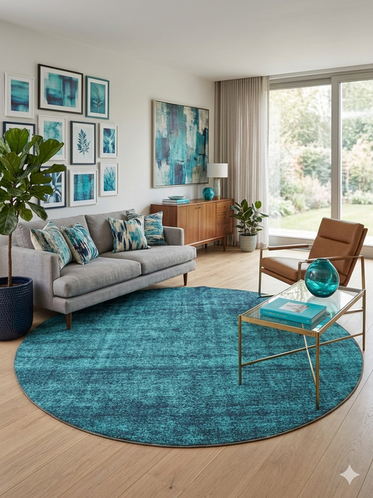 8' Round Teal & Charcoal Distressed Modern Washable Area Rug placed in a contemporary living room with a neutral sofa, accent chair, and glass coffee table.