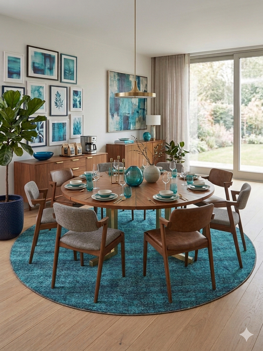 8' Round Teal & Charcoal Distressed Modern Washable Area Rug styled in a bright dining room beneath a round wooden dining table with coordinated teal décor.